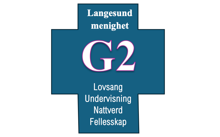 G2-logo. Blått kors med tekst på.