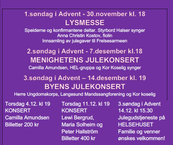 Plakat med info om aktiviteter i adventstiden.